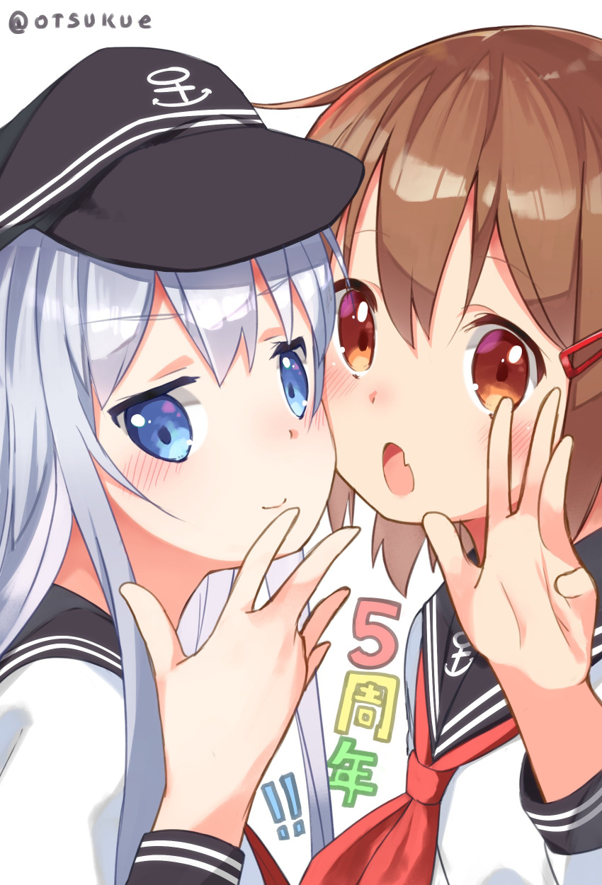 2girls absurdres anchor_symbol anniversary black_sailor_collar blue_eyes brown_hair close-up dx_(dekusu) fang flat_cap hair_ornament hairclip hat hibiki_(kantai_collection) highres ikazuchi_(kantai_collection) kantai_collection long_hair looking_at_viewer multiple_girls neckerchief open_mouth red_neckwear sailor_collar school_uniform serafuku short_hair silver_hair simple_background twitter_username white_background