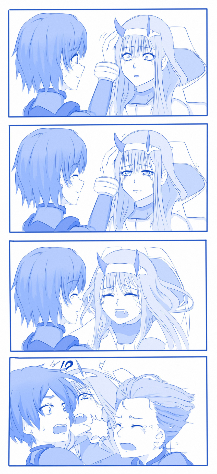 !? 1girl 2boys 4koma :d absurdres blue bodysuit closed_eyes comic commentary_request crying darling_in_the_franxx eye_contact eyebrows_visible_through_hair fangs flying_teardrops hair_slicked_back hairband highres hiro_(darling_in_the_franxx) horns long_hair looking_at_another mitsuru_(darling_in_the_franxx) monochrome multiple_boys open_mouth simple_background smile tears viperxtr white_background wide-eyed zero_two_(darling_in_the_franxx)