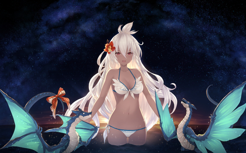 1girl bikini breasts cait cleavage cowboy_shot dark_skin dragon flower front-tie_bikini front-tie_top granblue_fantasy hair_between_eyes hair_flower hair_ornament halterneck hibiscus highres long_hair looking_at_viewer medium_breasts night night_sky red_eyes side-tie_bikini sky smile solo star_(sky) starry_sky swimsuit the_order_grande very_long_hair wading white_bikini white_hair