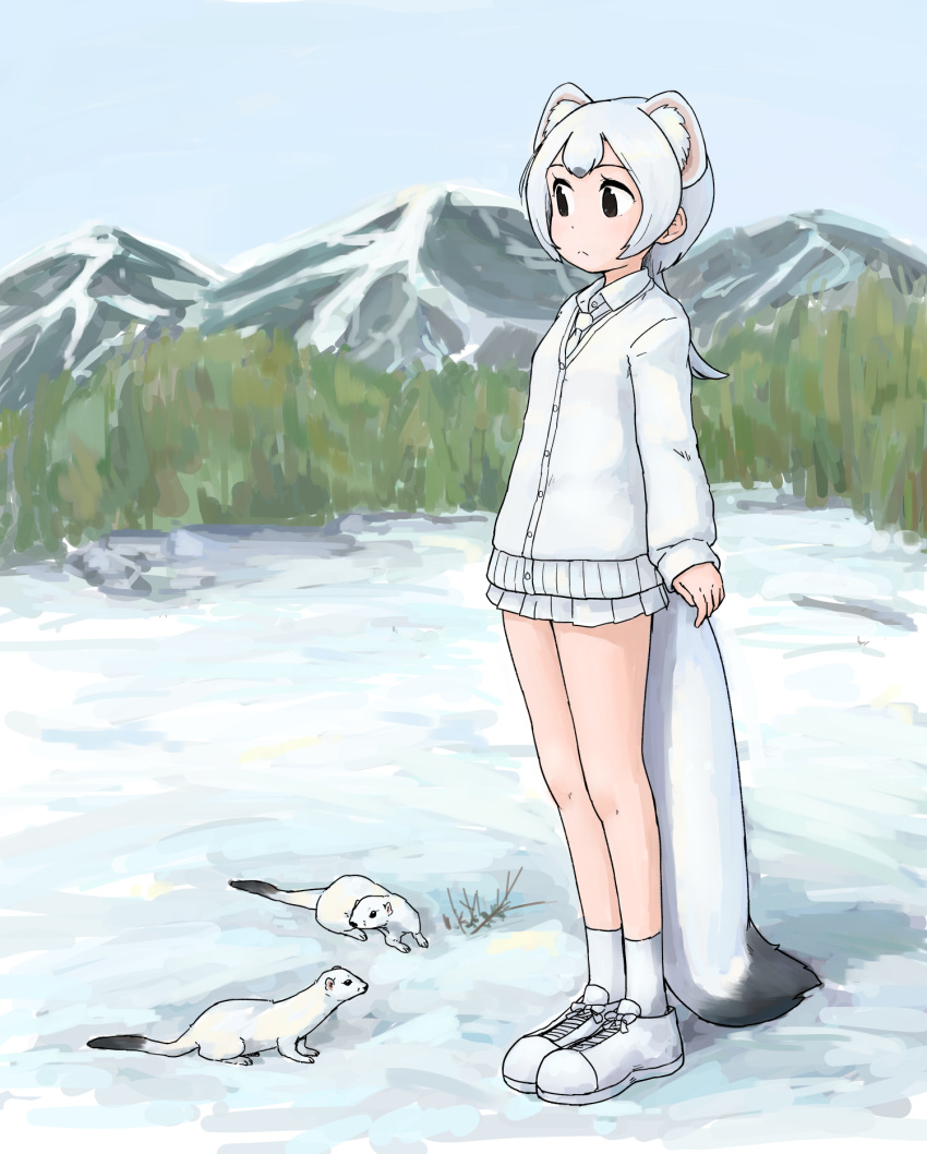 1girl :&lt; black_eyes commentary_request day extra_ears highres kemono_friends long_hair long_sleeves looking_away miniskirt mountain outdoors rumenia_(ao2is) shoes skirt snow socks solo standing stoat stoat_(kemono_friends) stoat_ears stoat_tail white_footwear white_hair white_legwear white_skirt