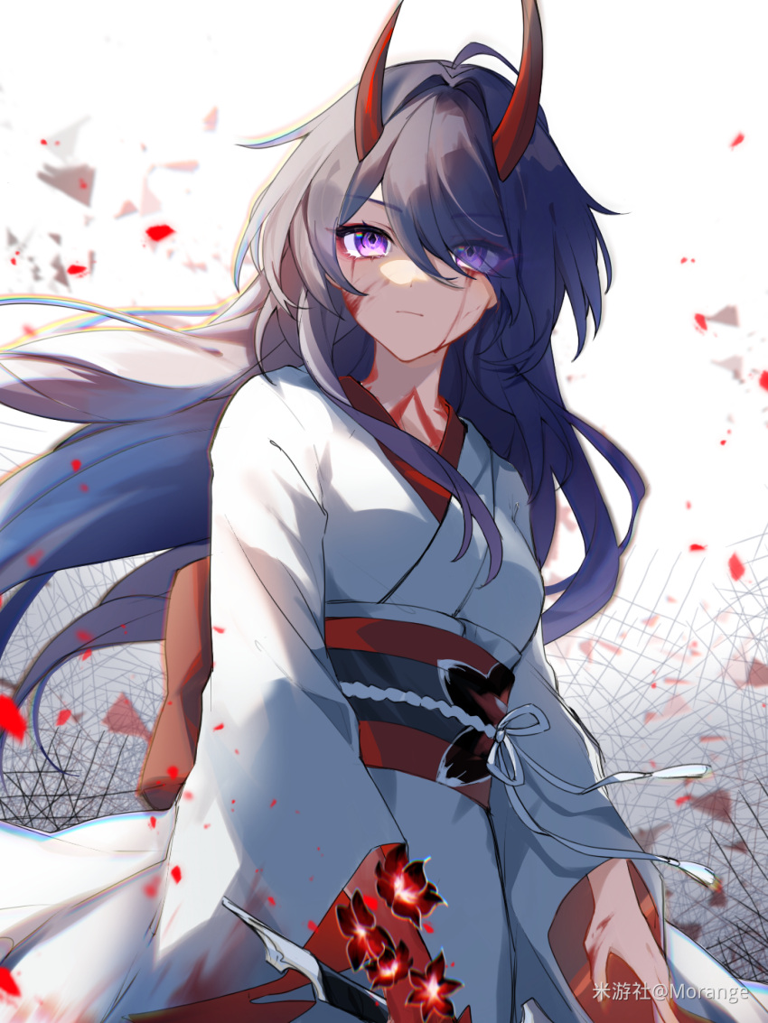 1girl acheron_(honkai:_star_rail) blood blood_on_clothes blood_on_face flower hair_over_one_eye highres holding holding_sword holding_weapon honkai:_star_rail honkai_(series) horns japanese_clothes kimono long_hair looking_at_viewer mangzhi_yaoyao obi official_alternate_costume purple_hair red_flower red_sash sash solo sword violet_eyes weapon white_kimono