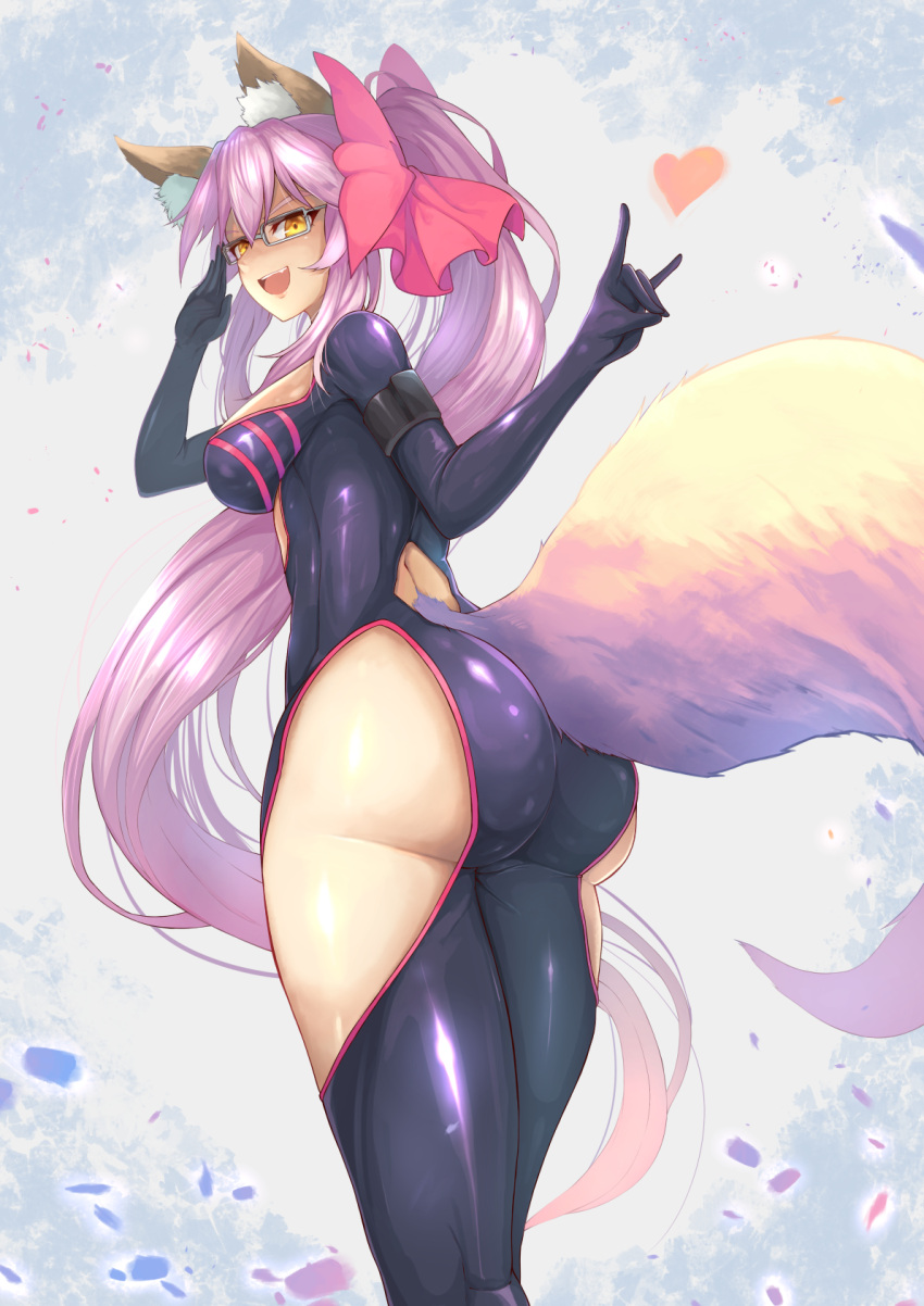 1girl \m/ animal_ears ass bow breasts commentary_request curvy fate/grand_order fate_(series) fox_ears fox_tail glasses hair_bow highres huge_ass large_breasts long_hair looking_at_viewer looking_back ohako_(ohako1818) pink_hair ponytail rectangular_eyewear solo tail tamamo_(assassin)_(fate) tamamo_(fate)_(all) thick_thighs thigh_cutout thighs very_long_hair wide_hips yellow_eyes