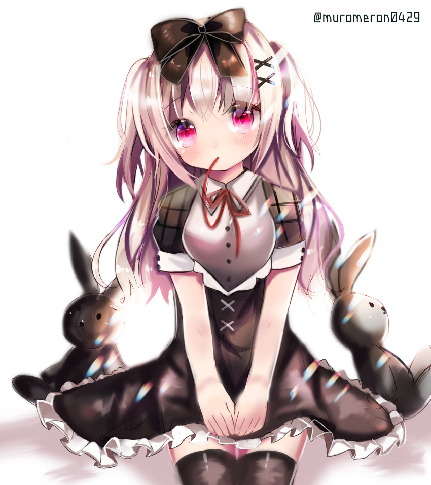 1girl bangs black_bow black_dress black_legwear blush bow collared_shirt commentary_request dress eyebrows_visible_through_hair frilled_dress frills hair_between_eyes hair_bow hair_ornament hands_on_lap head_tilt highres kohaku_muro long_hair looking_at_viewer mouth_hold neck_ribbon original own_hands_together puffy_short_sleeves puffy_sleeves red_ribbon ribbon ribbon_in_mouth shirt short_dress short_sleeves silver_hair sitting solo stuffed_animal stuffed_bunny stuffed_toy twitter_username two_side_up violet_eyes white_background white_shirt x_hair_ornament