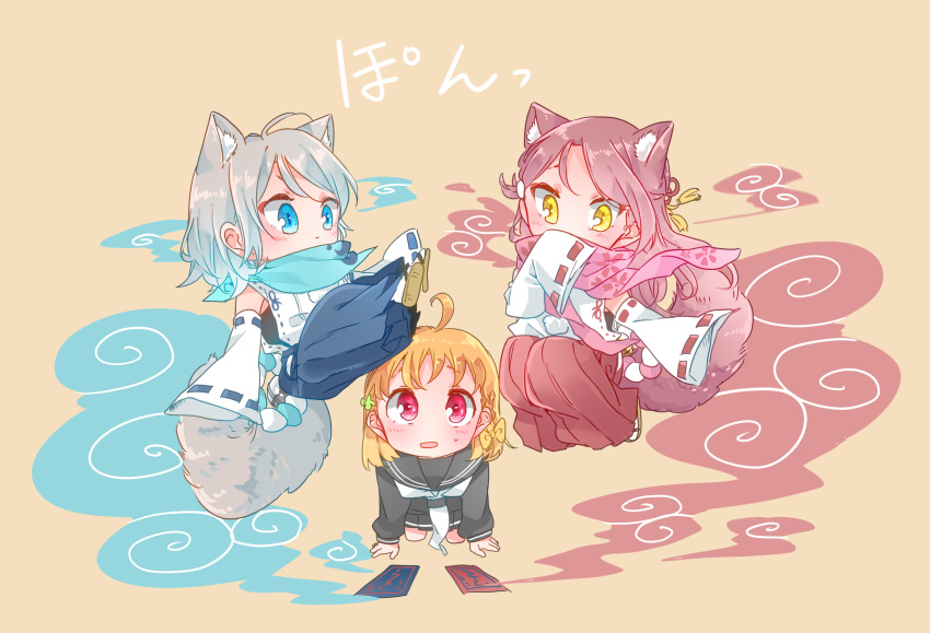 15kasikaze15 3girls :o ahoge all_fours animal_ears bandana_over_mouth bandanna bangs black_serafuku blue_bandana blue_eyes blue_hakama blush braid chibi covering_mouth detached_sleeves fox_ears fox_tail grey_hair hair_ornament hairclip hakama half_updo highres hip_vent japanese_clothes kitsune long_hair long_sleeves love_live! love_live!_sunshine!! multiple_girls neckerchief ofuda onmyouji orange_hair pink_bandana red_eyes red_hakama redhead ribbon-trimmed_sleeves ribbon_trim sakurauchi_riko sandals school_uniform serafuku short_hair side_braid simple_background sleeves_past_wrists smoke summoning sweatdrop tail takami_chika tan_background tassel watanabe_you white_neckwear yellow_eyes