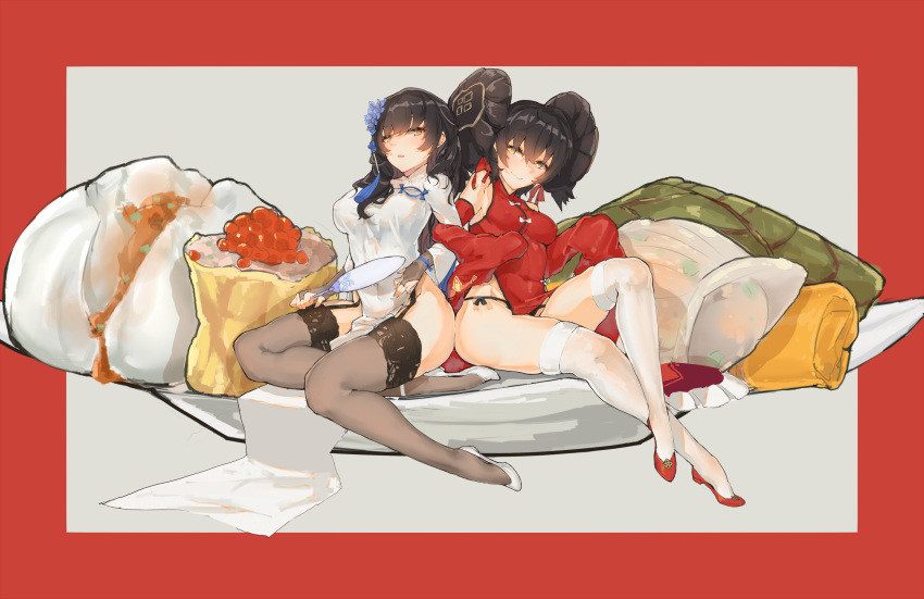 2girls bangs baozi bare_shoulders black_hair blue_flower breasts brown_eyes china_dress chinese_clothes dim_sum double_bun dress erect_nipples fan flower food foodtoyc garter_belt girls_frontline gloves hair_bun hair_ribbon highres hips large_breasts locked_arms long_hair medium_breasts multiple_girls open_mouth oversized_object panties pelvic_curtain pumps qbz-95_(girls_frontline) qbz-97_(girls_frontline) red_dress ribbon roe siblings side-tie_panties side_slit sidelocks sisters sleeves_past_fingers smile thigh-highs two-tone_background underwear white_dress