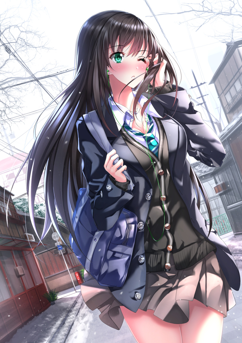 1girl bag bangs black_blazer black_cardigan black_hair blazer blush breasts cardigan cleavage closed_mouth collared_shirt commentary_request cowboy_shot day diagonal_stripes dutch_angle earphones earphones earrings eyebrows_visible_through_hair green_eyes green_neckwear grey_skirt hair_between_eyes hair_tucking highres holding idolmaster idolmaster_cinderella_girls jacket jewelry long_hair long_sleeves looking_away looking_to_the_side medium_breasts necklace necktie nose_blush one_eye_closed open_blazer open_clothes open_jacket outdoors pendant pleated_skirt power_lines road road_sign school_bag school_uniform shibuya_rin shirt sign skirt sky solo street striped striped_neckwear swordsouls telephone_pole very_long_hair white_shirt