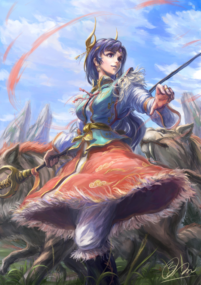 1girl boots clouds creature fantasy from_below fur-trimmed_boots fur-trimmed_skirt fur_trim grass highres long_hair looking_to_the_side mountain original purple_hair shiki_makoto signature sky smile solo staff teeth texture tiara vest violet_eyes