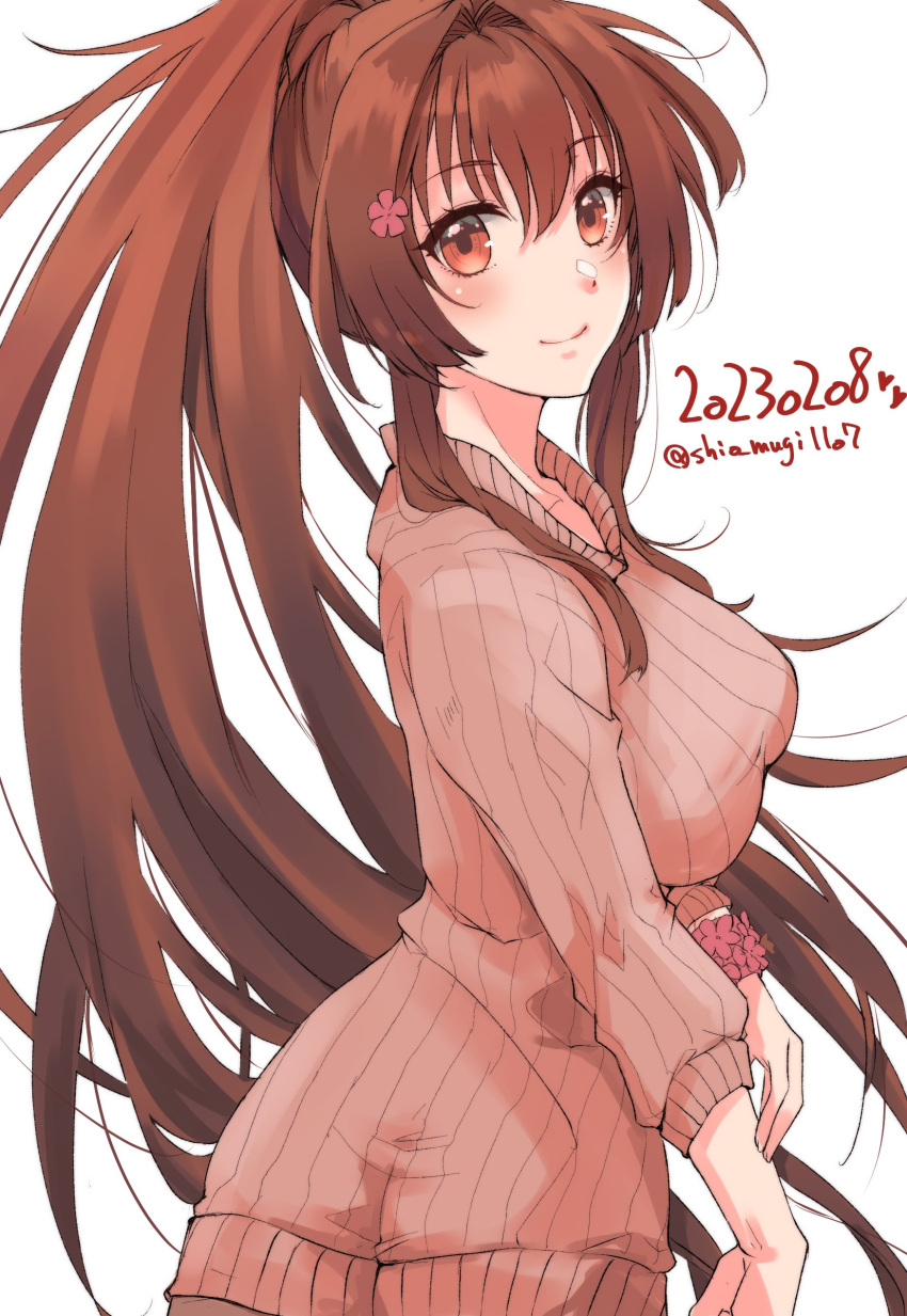 1girl absurdres bangs blush brown_eyes brown_hair brown_sweater cherry_blossoms closed_mouth dated flower hair_between_eyes hair_flower hair_ornament highres kantai_collection long_hair long_sleeves looking_at_viewer one-hour_drawing_challenge pink_flower ponytail ribbed_sweater shio_mugi1107 simple_background smile solo sweater twitter_username upper_body very_long_hair white_background yamato_(kancolle)