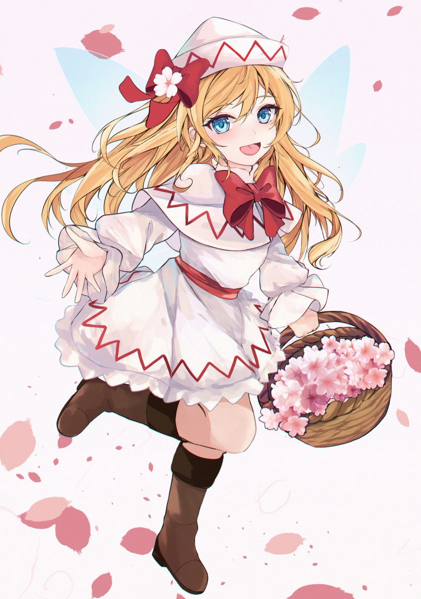 1girl absurdres bangs basket blonde_hair blue_eyes blush boots brown_footwear capelet cherry_blossoms commission dress fairy fairy_wings flower full_body hair_between_eyes hair_flower hair_ornament hat highres holding holding_basket knee_boots lily_white long_hair long_sleeves looking_at_viewer open_mouth orchid_(orukido) petals pixiv_commission simple_background smile solo touhou white_background white_capelet white_dress white_headwear wings
