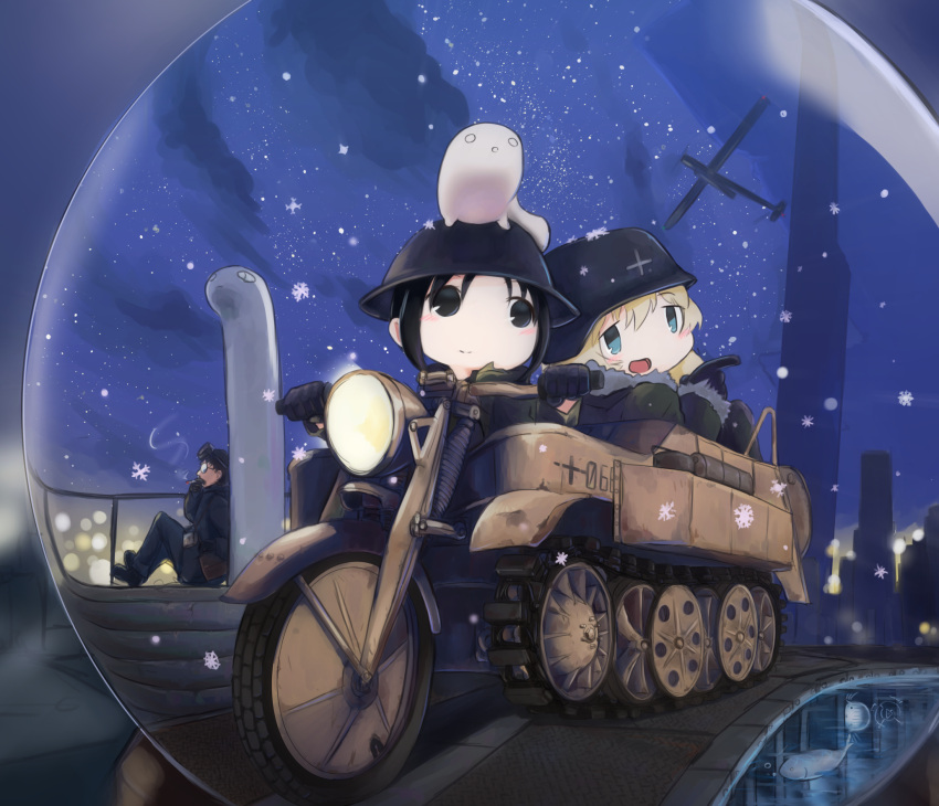 1boy 2girls aircraft airplane black_hair blonde_hair blue_eyes chito_(shoujo_shuumatsu_ryokou) driving eyewear_on_head fish fur_trim glasses gloves hat helmet highres kabayaki_namazu kanazawa_(shoujo_shuumatsu_ryokou) kettenkrad military military_hat military_uniform multiple_girls nuko_(shoujo_shuumatsu_ryokou) open_mouth pointing shoujo_shuumatsu_ryokou smile smoking snowing stahlhelm statue uniform yuuri_(shoujo_shuumatsu_ryokou)