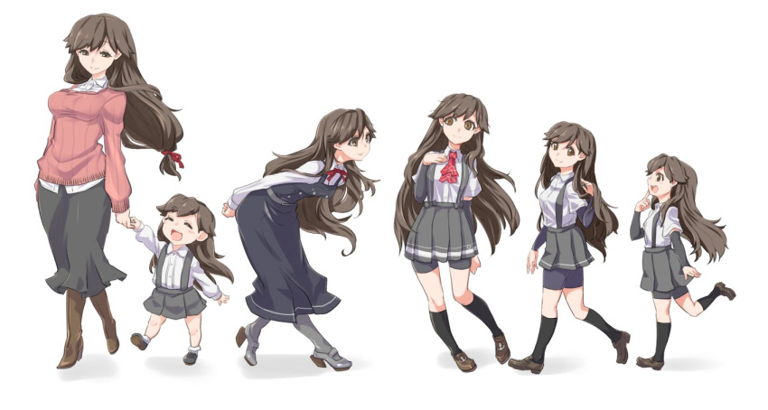 2girls ^_^ age_progression ajino_(sakanahen) arashio_(kantai_collection) arm_warmers bike_shorts boots brown_eyes brown_hair closed_eyes commentary_request dress kantai_collection kneehighs long_hair looking_back looking_to_the_side mother_and_daughter multiple_girls older pleated_skirt remodel_(kantai_collection) ribbon school_uniform serafuku shirt shoes skirt smile suspenders younger