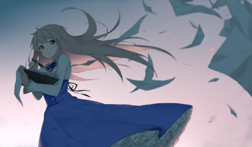 1girl blue_ribbon brown_eyes clipboard dress fhang flying_paper frilled_sleeves frills from_side holding holding_pen long_hair long_sleeves neck_ribbon original outdoors paper parted_lips pen pink_hair ribbon solo very_long_hair wind