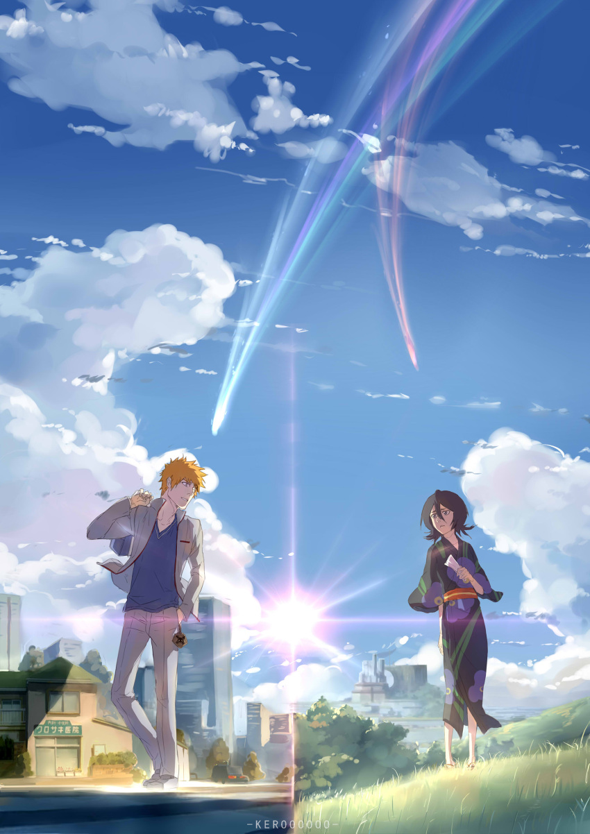 1boy 1girl absurdres bag black_hair black_kimono bleach blonde_hair blue_shirt blue_sky brown_eyes clouds day floral_print full_body grey_jacket grey_pants hair_between_eyes hand_in_pocket highres jacket japanese_clothes kimi_no_na_wa kimono kurosaki_ichigo obi open_clothes open_jacket outdoors pants parody sash school_bag shirt short_hair sky spiky_hair standing urushibara_ruka yukata