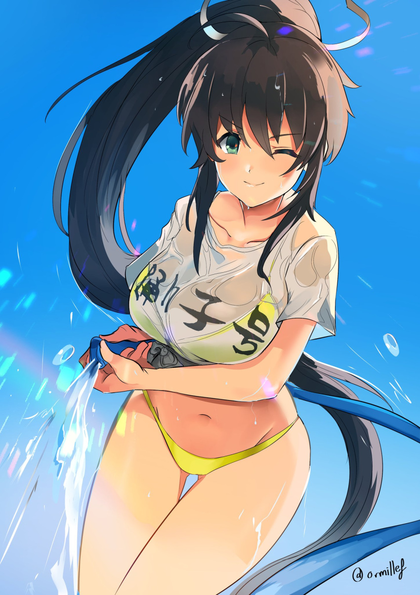 1girl ;) bikini black_hair breasts collarbone commission green_bikini green_eyes hair_ribbon highres holding_hose homura_(senran_kagura) hose large_breasts legs_together long_hair looking_at_viewer navel one_eye_closed ormille outdoors ponytail ribbon see-through senran_kagura senran_kagura_(series) shirt smile solo swimsuit water wet wet_clothes wet_shirt wet_t-shirt
