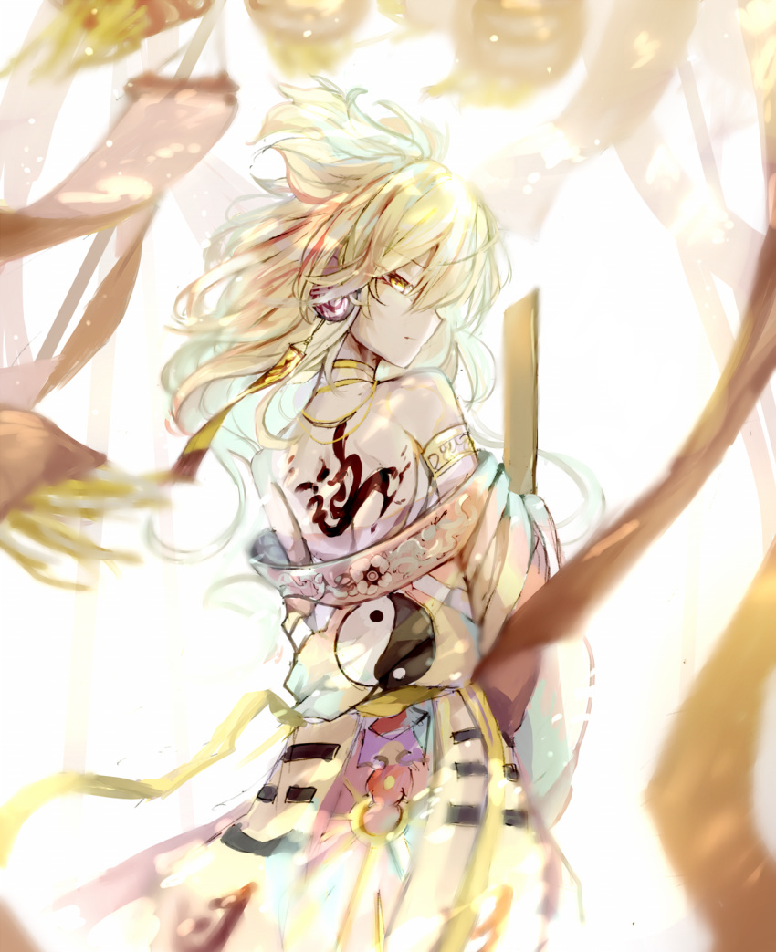 1girl armlet back bare_shoulders blonde_hair closed_mouth earmuffs floating_hair floral_print from_behind highres huang_li_ling japanese_clothes looking_at_viewer looking_back off_shoulder pointy_hair profile ritual_baton solo standing tattoo touhou toyosatomimi_no_miko white_background wide_sleeves wind yellow_eyes yin_yang