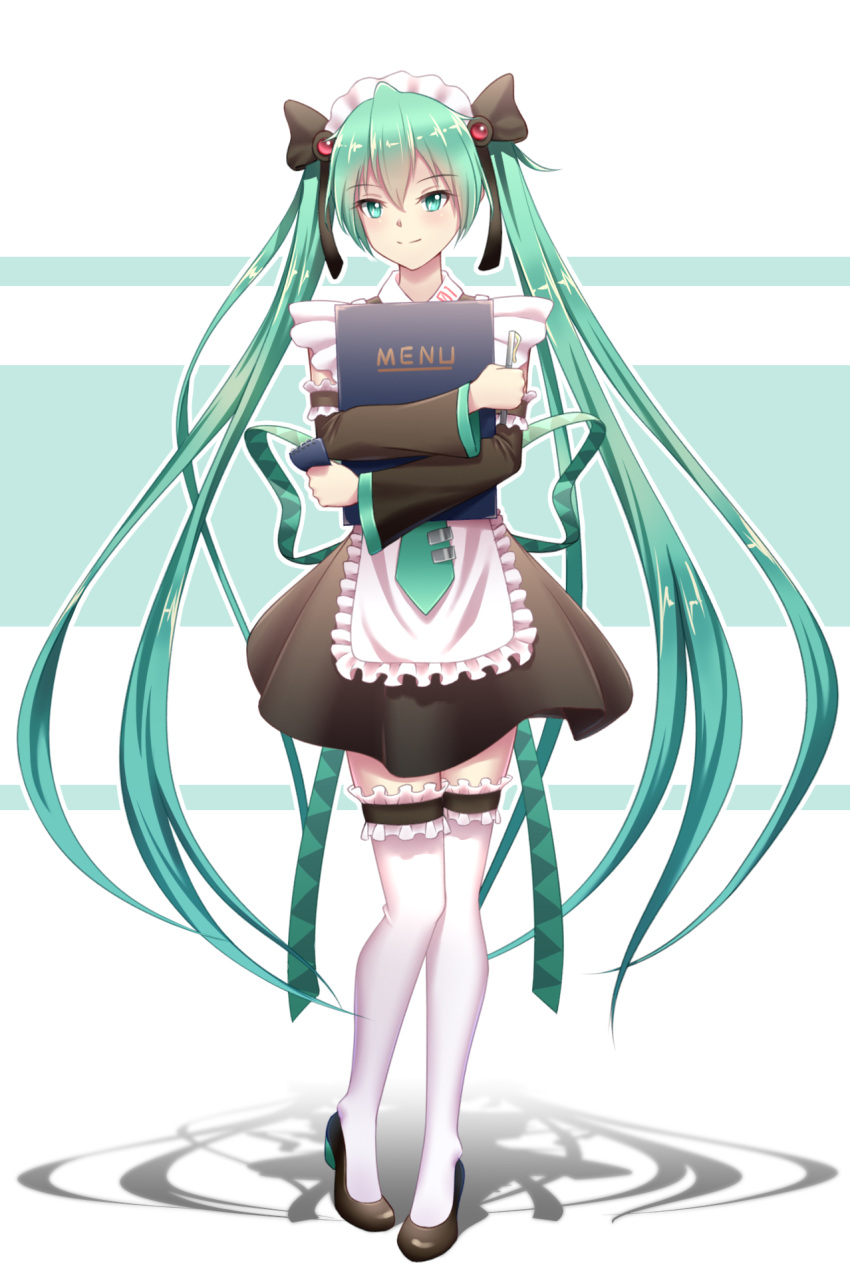 1girl apron black_footwear black_ribbon black_skirt detached_sleeves eyebrows_visible_through_hair floating_hair frilled_apron frills full_body garters geduan green_eyes green_hair green_neckwear hair_between_eyes hair_ribbon hatsune_miku highres holding long_hair looking_at_viewer maid maid_headdress menu miniskirt pumps ribbon skirt smile solo standing thigh-highs twintails very_long_hair vocaloid white_apron white_background white_legwear zettai_ryouiki