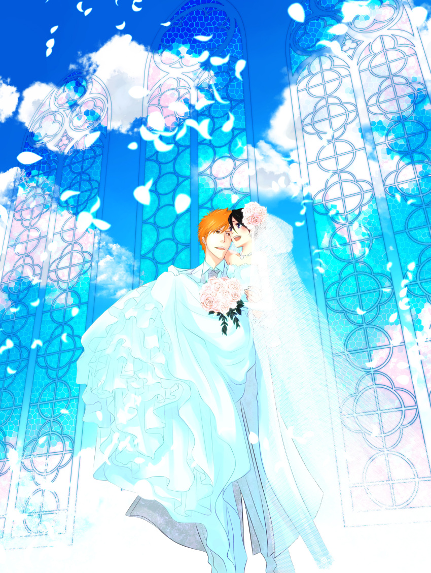 101sq 1boy 1girl :d black_eyes black_hair bleach blue_sky bridal_veil clouds couple dress eye_contact flower formal hair_between_eyes hair_flower hair_ornament highres jacket jewelry kuchiki_rukia kurosaki_ichigo long_dress looking_at_another necklace open_mouth orange_hair pants petals short_hair sky sleeveless sleeveless_dress smile strapless strapless_dress veil wedding white_dress white_flower white_jacket white_pants