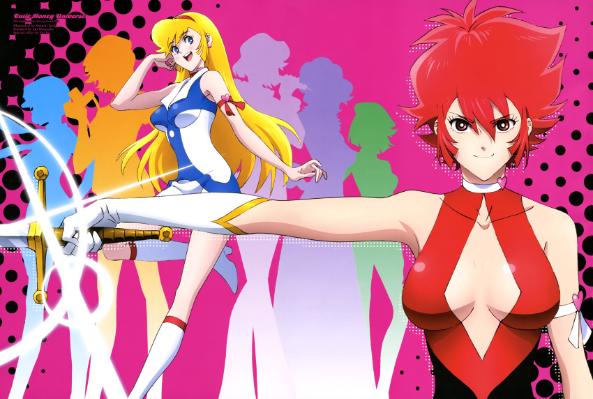 6+girls :d absurdres animage bare_shoulders black_bodysuit blonde_hair blue_eyes blush bodysuit boots breasts choker cleavage_cutout collared_dress cutie_honey cutie_honey_(character) cutie_honey_universe diamond_(shape) dress elbow_gloves eyebrows_visible_through_hair fancy_honey flash_honey gloves hairband hand_on_own_cheek hat high_heel_boots high_heels highres holding holding_microphone holding_sword holding_weapon hurricane_honey idol_honey iseki_shuuichi itou_yui kisaragi_honey knee_boots large_breasts long_hair looking_at_viewer microphone misty_honey multicolored multicolored_bodysuit multicolored_clothes multiple_girls multiple_persona no_bra open_mouth patterned_background perky_breasts print_dress purple_background red_bodysuit red_choker red_eyes red_hairband redhead round_teeth scan scarf short_hair silhouette sleeveless smile spiky_hair standing standing_on_one_leg sword teeth watanabe_aki weapon white_choker white_dress white_footwear white_gloves