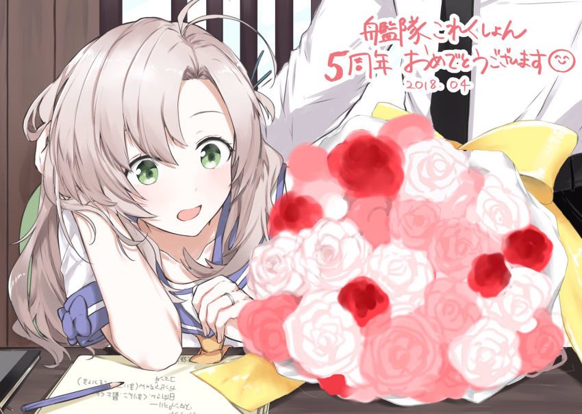 1boy 1girl 5 ahoge anniversary bangs blush bouquet breasts collarbone elbow_rest flower green_eyes hair_ornament hand_in_hair hand_on_another's_back hand_on_own_head highres jewelry kantai_collection kinugasa_(kantai_collection) long_hair messy_hair morinaga_miki number open_mouth pink_flower pink_hair pink_rose red_flower red_rose remodel_(kantai_collection) ribbon ring rose school_uniform serafuku side_ponytail sidelocks sitting smile wedding_band white_flower white_rose yellow_neckwear