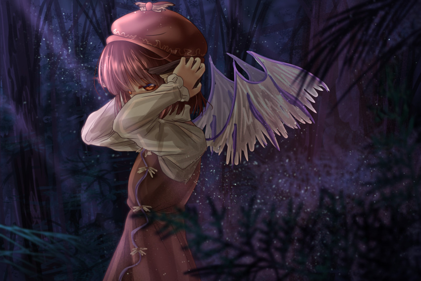 1girl bangs bird_wings blunt_bangs blurry brown_dress covered_mouth covering_ears depth_of_field dress eyebrows_visible_through_hair feathered_wings forest from_side hat high_collar light_particles light_rays long_sleeves looking_at_viewer moonbeam moonlight mystia_lorelei nature night orange_eyes outdoors pink_hair shirt shirt_under_dress short_hair shounen_(hogehoge) side_glance solo touhou upper_body white_shirt wings