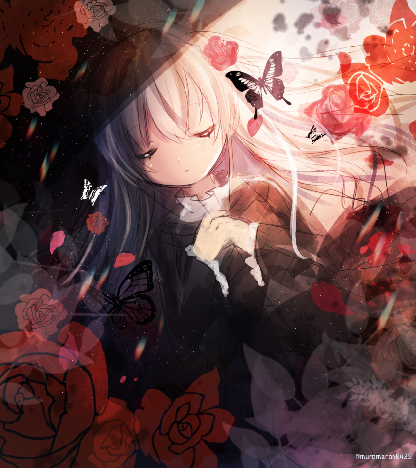 1girl bangs black_dress blush bug butterfly closed_eyes commentary_request dress dutch_angle eyebrows_visible_through_hair facing_viewer flower hair_between_eyes hair_flower hair_ornament hands_clasped highres insect kohaku_muro long_hair long_sleeves lying on_back original own_hands_together parted_lips petals red_flower red_rose rose rose_petals silver_hair sketch solo twitter_username very_long_hair