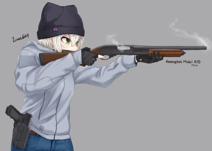 1girl animal_ears cat_ears glock gloves green_eyes grey_background gun handgun hat highres holster holstered_weapon hood hoodie ivan_wang original partly_fingerless_gloves remington_870 shotgun signature solo weapon white_hair