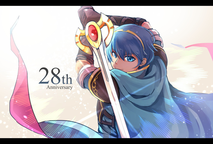 1boy armor blue_eyes blue_hair cape falchion_(fire_emblem) fire_emblem fire_emblem:_mystery_of_the_emblem gloves highres looking_at_viewer male_focus marth nakabayashi_zun short_hair simple_background smile solo sword tiara weapon