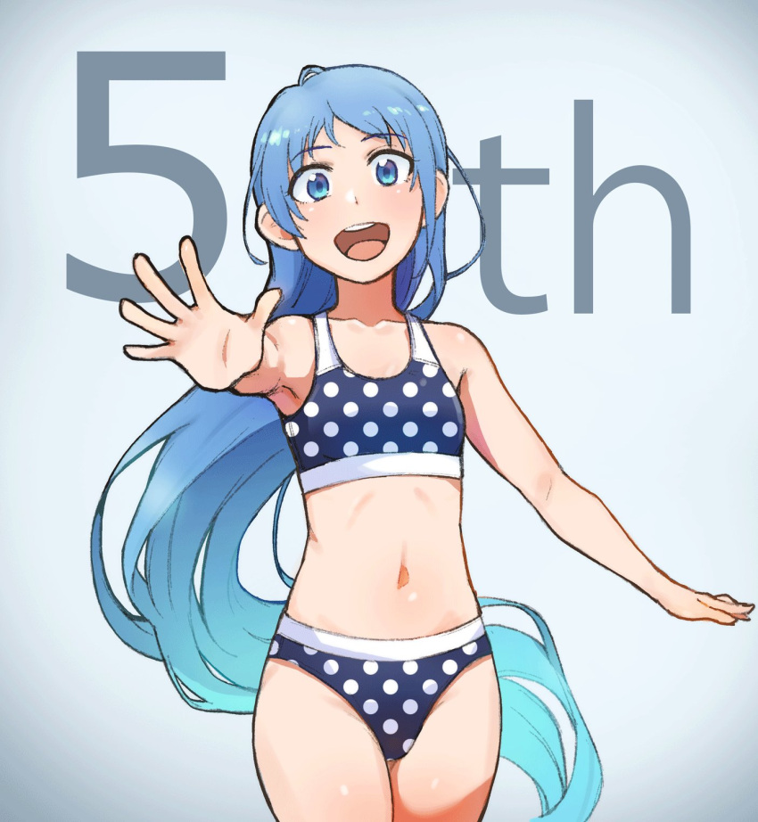 1girl anniversary bangs bikini black_bikini blue_eyes blue_hair flat_chest geso_smith gradient_hair highres kantai_collection long_hair looking_at_viewer multicolored_hair navel open_mouth polka_dot polka_dot_bikini samidare_(kantai_collection) smile solo swept_bangs swimsuit thigh_gap upper_teeth very_long_hair