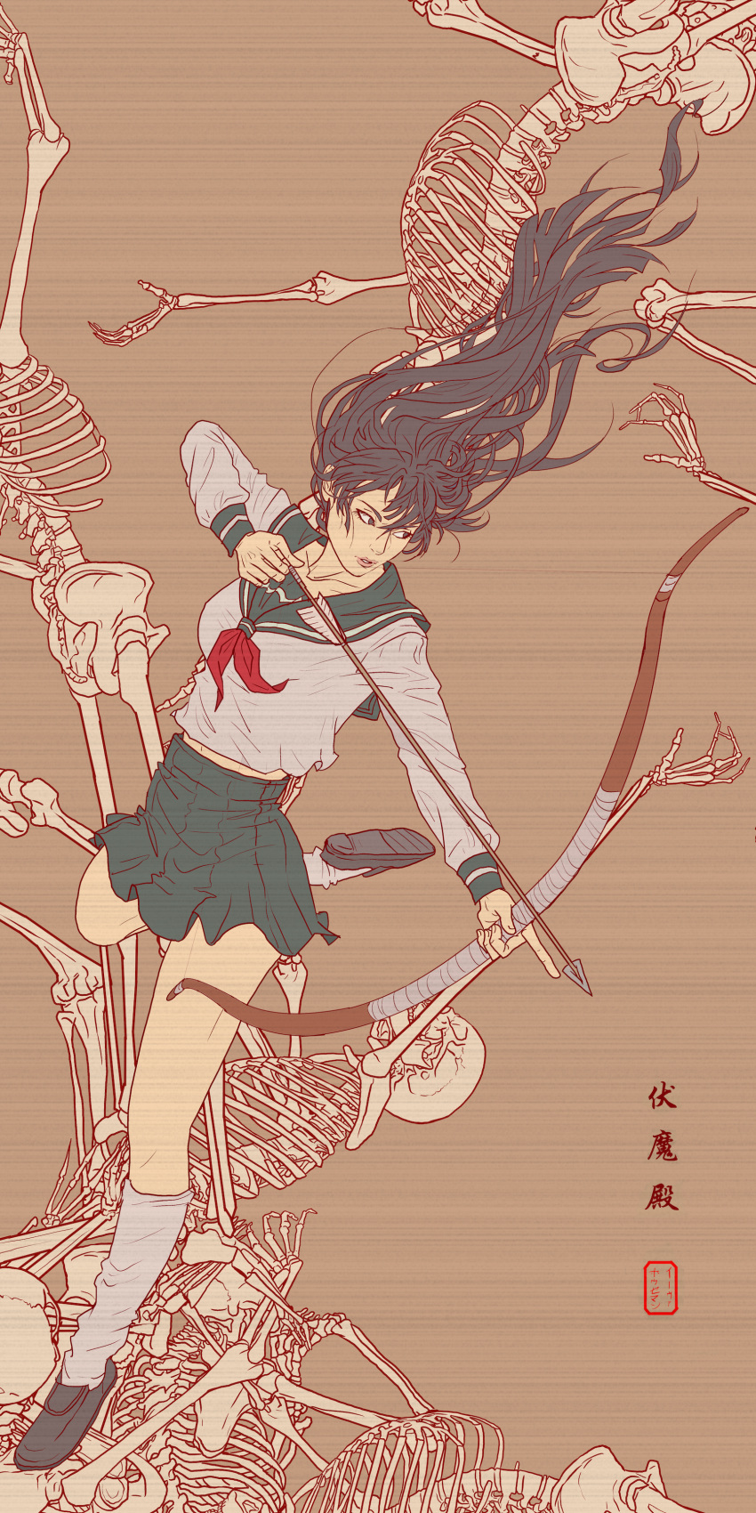 1girl absurdres arrow black_eyes black_hair bow bow_(weapon) drawing_bow eva_(invisibleninja12) highres higurashi_kagome inuyasha legs loafers long_hair long_legs loose_socks school_uniform serafuku shoes skeleton tan_background translation_request weapon yumi_(bow)