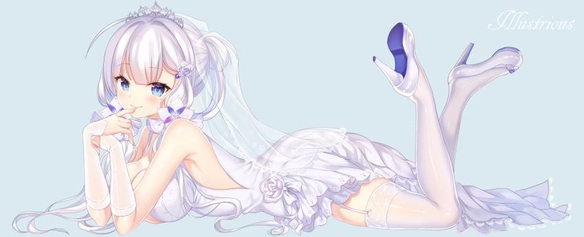 1girl alternate_costume alternate_hairstyle azur_lane bangs blue_eyes blush breasts bridal_veil character_name cleavage dress elbow_gloves eyebrows_visible_through_hair feet_up garter_straps gloves hair_ornament high_heels illustrious_(azur_lane) large_breasts long_hair looking_at_viewer low_twintails lying mole mole_under_eye narusegawa_riko on_stomach simple_background smile solo thigh-highs twintails veil wedding_dress white_dress white_gloves white_hair