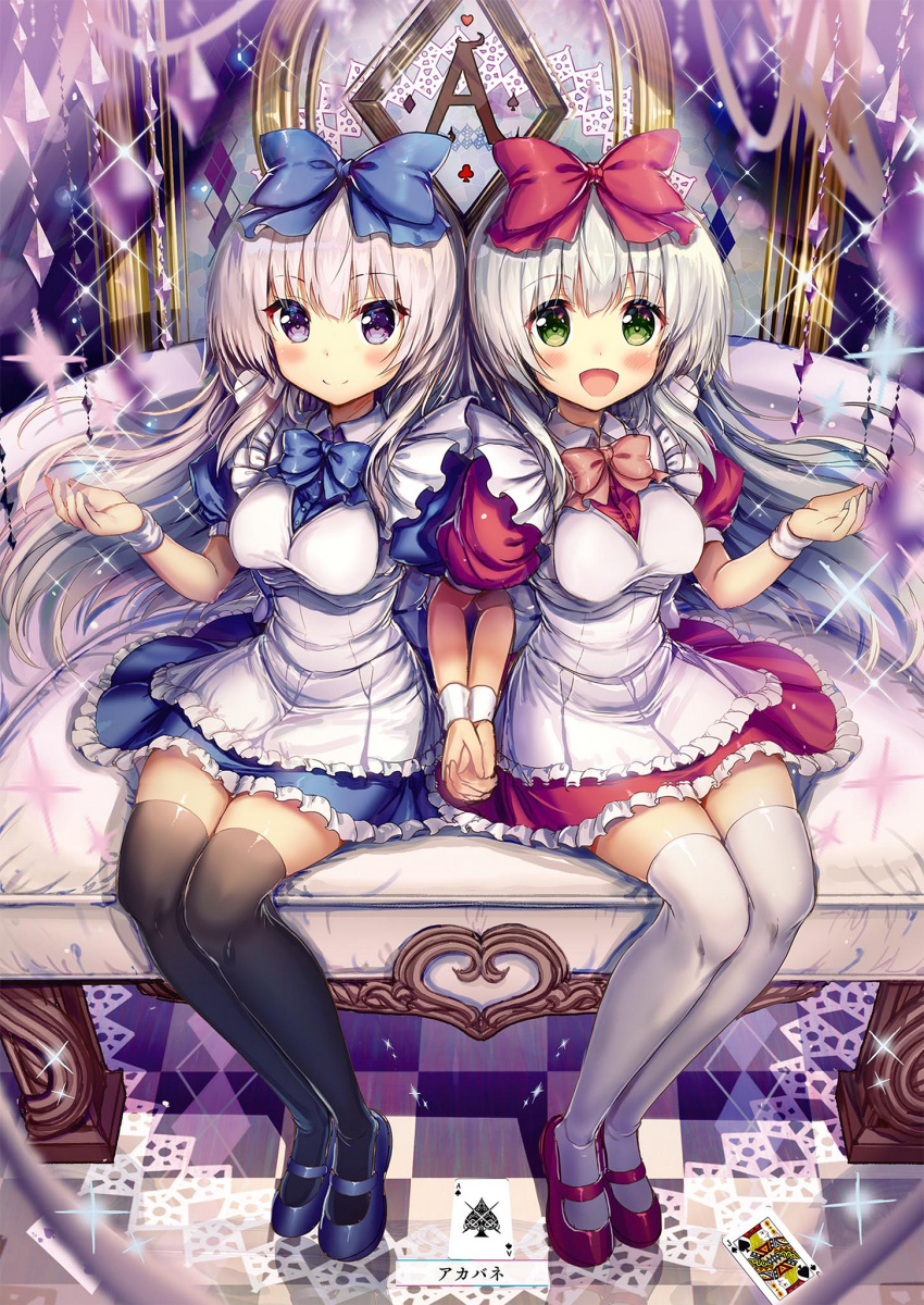2girls :d airi_(alice_or_alice) akabane_(zebrasmise) alice_or_alice apron black_legwear blue_bow blue_footwear blue_neckwear blue_shirt blue_skirt blush bow bowtie breasts checkered checkered_floor dress_shirt eyebrows_visible_through_hair floating_hair frilled_skirt frills from_above full_body green_eyes hair_between_eyes hair_bow hand_holding highres interlocked_fingers long_hair looking_at_viewer mary_janes medium_breasts multiple_girls open_mouth red_bow red_footwear red_neckwear red_shirt red_skirt rise_(alice_or_alice) shirt shoes silver_hair sitting skirt smile sparkle thigh-highs very_long_hair violet_eyes white_apron white_legwear wrist_cuffs zettai_ryouiki