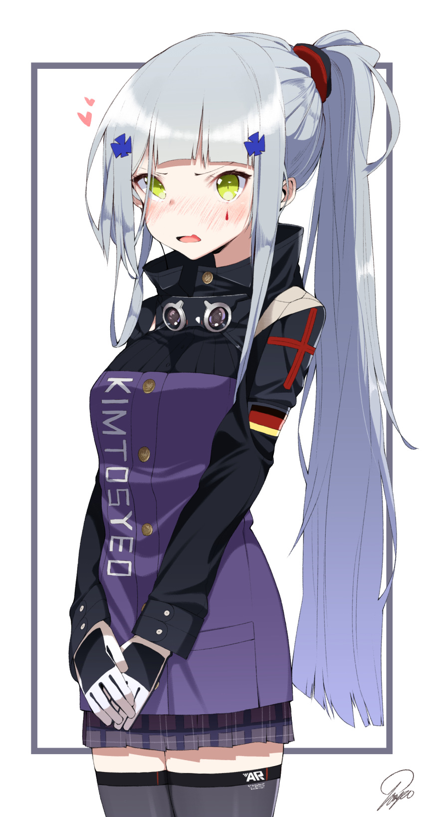 1girl absurdres alternate_hairstyle bangs black-framed_eyewear black_legwear blunt_bangs blush buttons clothes_writing cowboy_shot embarrassed facial_mark german_flag girls_frontline gloves goggles goggles_around_neck grey_skirt hair_ornament heart highres hk416_(girls_frontline) long_hair long_sleeves looking_at_viewer military military_uniform miniskirt nose_blush open_mouth own_hands_together plaid plaid_skirt pleated_skirt ponytail sidelocks silver_hair skirt solo standing straight_hair thigh-highs tosyeo two-tone_background uniform upper_body v-shaped_eyebrows v_arms very_long_hair white_gloves zettai_ryouiki