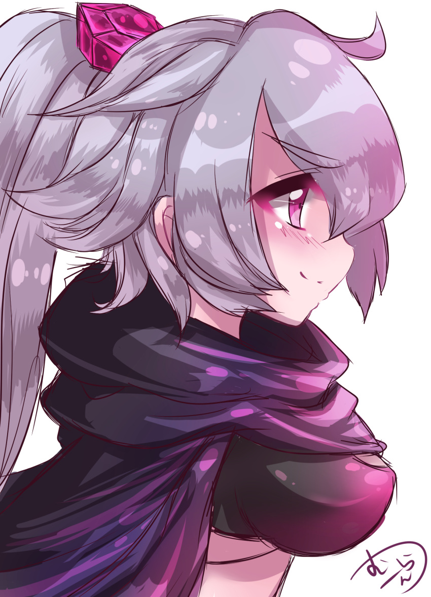 1girl bangs blush breasts cape character_request closed_mouth commentary_request eyebrows_visible_through_hair from_side hair_between_eyes hair_ornament high_ponytail highres large_breasts long_hair looking_away muuran ponytail profile purple_cape shironeko_project signature silver_hair simple_background sketch smile solo very_long_hair violet_eyes white_background