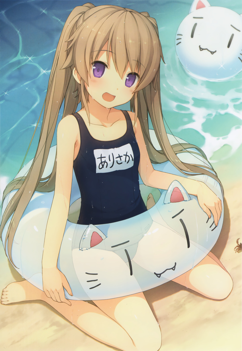 :d absurdres ao_no_kanata_no_four_rhythm arisaka_mashiro barefoot beach black_swimsuit brown_hair character_name collarbone from_above full_body hair_between_eyes highres innertube looking_at_viewer open_mouth outdoors school_swimsuit sitting smile swimsuit transparent twintails water