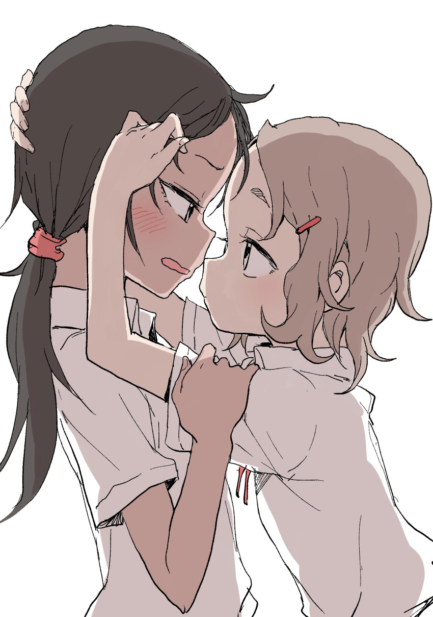 2girls absurdres bad_hands bad_proportions black_hair blush brown_hair commentary_request hair_ornament hairclip highres hug imminent_kiss multiple_girls original ponytail poorly_drawn tan yamamoto_souichirou yuri