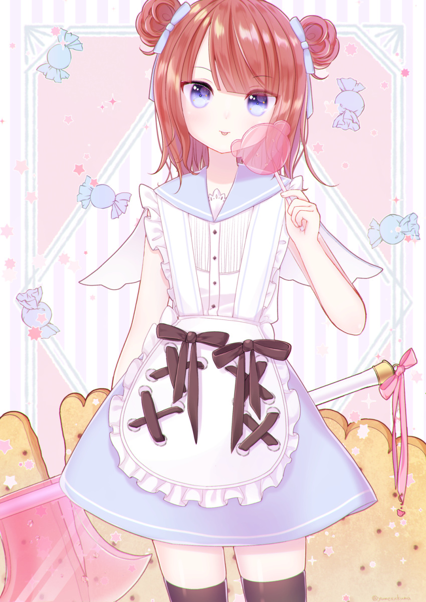 1girl :p apron axe bangs black_legwear blue_bow blue_eyes blue_sailor_collar blue_skirt blush bow candy candy_wrapper closed_mouth commentary_request double_bun eyebrows_visible_through_hair fingernails food frilled_apron frills hair_bow hand_up head_tilt highres holding holding_axe holding_lollipop kuma_no_yume lollipop maid_apron original sailor_collar sailor_shirt shirt side_bun skirt sleeveless sleeveless_shirt smile solo thigh-highs tongue tongue_out white_apron white_shirt