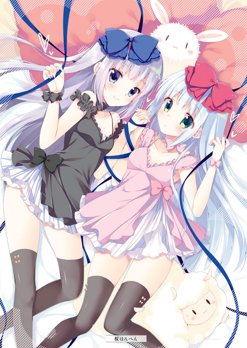 2girls airi_(alice_or_alice) alice_or_alice artist_name black_bow black_dress black_legwear blue_bow blue_eyes blue_ribbon bow breasts cleavage collarbone dress eyebrows_visible_through_hair floating_hair green_eyes hair_bow highres holding_hand interlocked_fingers long_hair multiple_girls parted_lips petals pink_bow pink_dress rabbit red_bow ribbon rise_(alice_or_alice) sakura_hanpen shiny shiny_clothes short_dress silver_hair sleeveless sleeveless_dress small_breasts smile thigh-highs very_long_hair wrist_cuffs