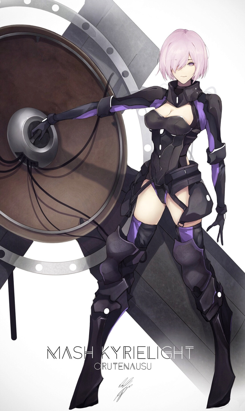 1girl arm_at_side armored_boots black_footwear black_gloves black_legwear black_leotard boots breasts character_name cleavage cleavage_cutout closed_mouth collar covering expressionless eyebrows_visible_through_hair fate/grand_order fate_(series) faulds full_body gloves hair_over_one_eye highres holding_shield legs_apart leotard looking_at_viewer marumoru mash_kyrielight medium_breasts outstretched_arm pink_hair shield short_hair signature simple_background solo standing thigh-highs thigh_boots thighhighs_under_boots violet_eyes white_background