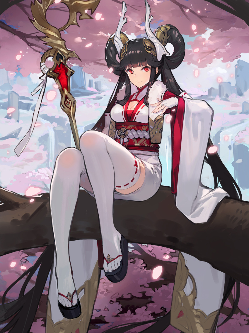1girl absurdly_long_hair bangs black_hair blunt_bangs breasts bridal_gauntlets cherry_blossoms cleavage closed_eyes commentary_request detached_sleeves eyebrows_visible_through_hair fingerless_gloves gloves hair_rings highres horns japanese_clothes kimono kishiyo long_hair looking_at_viewer medium_breasts obi outdoors petals red_eyes revision ribbon-trimmed_legwear ribbon-trimmed_sleeves ribbon_trim sandals sash shadowverse short_kimono sidelocks sitting smile solo thigh-highs toes twintails very_long_hair white_gloves white_legwear
