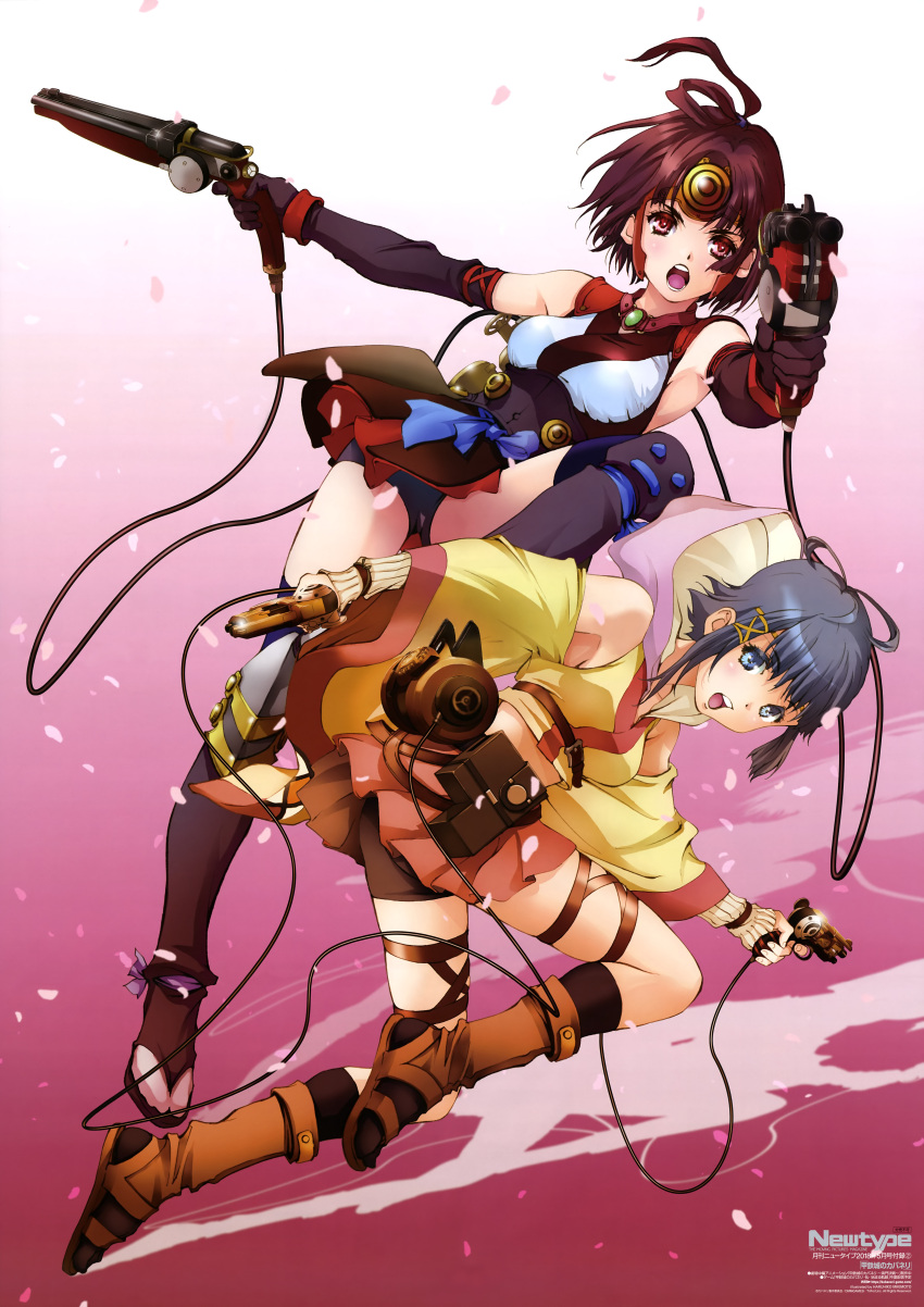 2girls absurdres aiming_at_viewer arm_warmers armor ass bare_shoulders bike_shorts black_gloves black_legwear black_shorts blue_eyes blue_ribbon blush breasts brown_hair brown_shorts brown_skirt character_request dual_wielding elbow_gloves footwear_request geta gloves gluteal_fold gradient gradient_background grey_hair gun hair_ornament highres holding holding_gun holding_weapon japanese_clothes kimono koutetsujou_no_kabaneri looking_at_viewer medium_breasts mikimoto_haruhiko miniskirt multiple_girls mumei_(kabaneri) newtype official_art open_mouth petals pink_background pink_legwear pleated_skirt purple_legwear red_eyes red_skirt ribbon round_teeth shirt short_hair short_shorts shorts skirt sleeveless sleeveless_shirt teeth thigh-highs tongue weapon white_shirt yellow_kimono