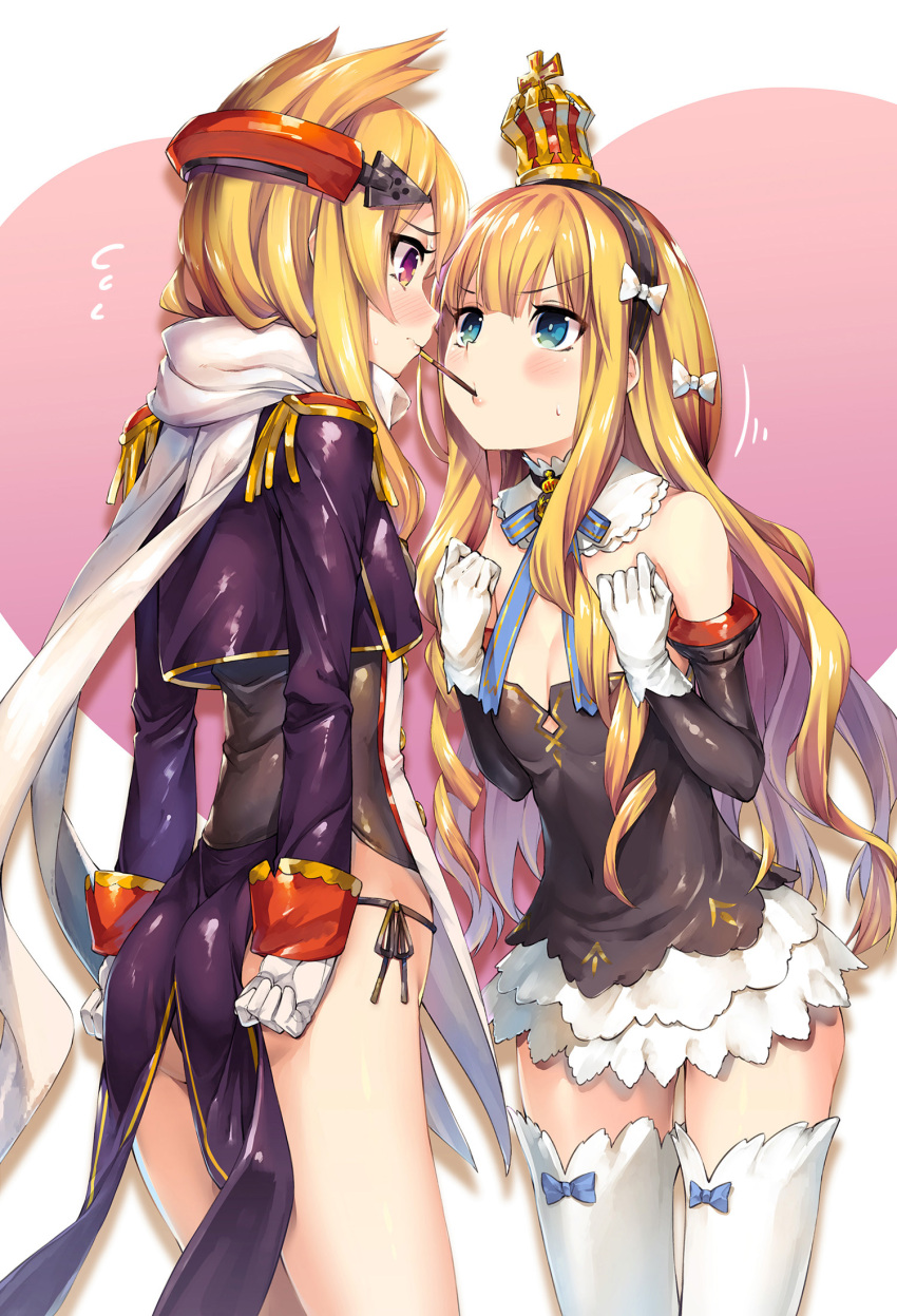 2girls akanagi_youto ass azur_lane blonde_hair blue_eyes blush breasts cleavage crown detached_collar detached_sleeves epaulettes flying_sweatdrops food gloves hair_flaps hairband highres long_hair mini_crown mouth_hold multiple_girls orange_eyes panties pocky pocky_kiss queen_elizabeth_(azur_lane) scarf shared_food side-tie_panties small_breasts sweat thigh-highs underwear warspite_(azur_lane) white_gloves white_legwear zettai_ryouiki