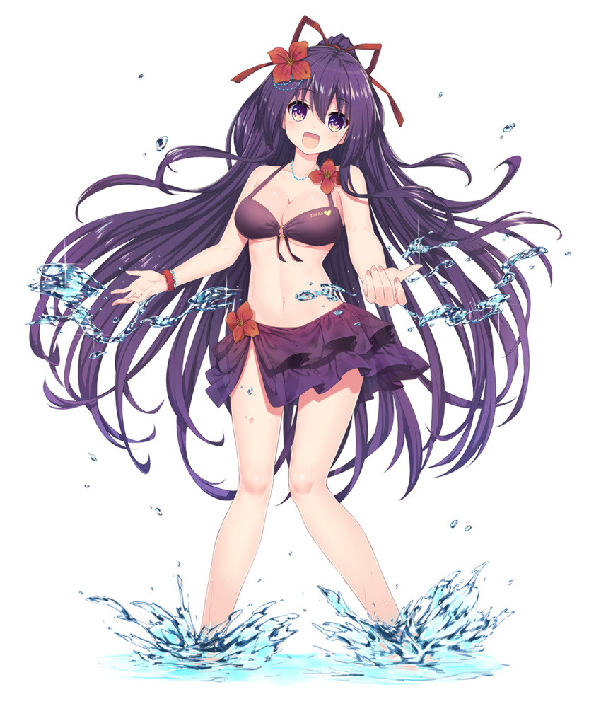 1girl :d bare_shoulders bikini bikini_skirt black_ribbon blush breasts character_name commentary commentary_request date_a_live flower front-tie_top hair_between_eyes hair_flower hair_ornament hair_ribbon highres long_hair looking_at_viewer medium_breasts midriff multicolored multicolored_eyes navel neps-l open_mouth ponytail purple_bikini purple_hair red_flower red_ribbon ribbon sarong see-through simple_background smile solo splashing standing swimsuit very_long_hair violet_eyes water white_background yatogami_tooka yellow_eyes