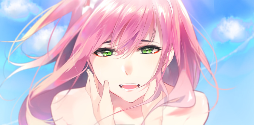 1girl aoiken bare_shoulders commentary darling_in_the_franxx green_eyes hair_between_eyes hands_on_another's_cheeks hands_on_another's_face highres long_hair open_mouth pink_hair sky solo zero_two_(darling_in_the_franxx)
