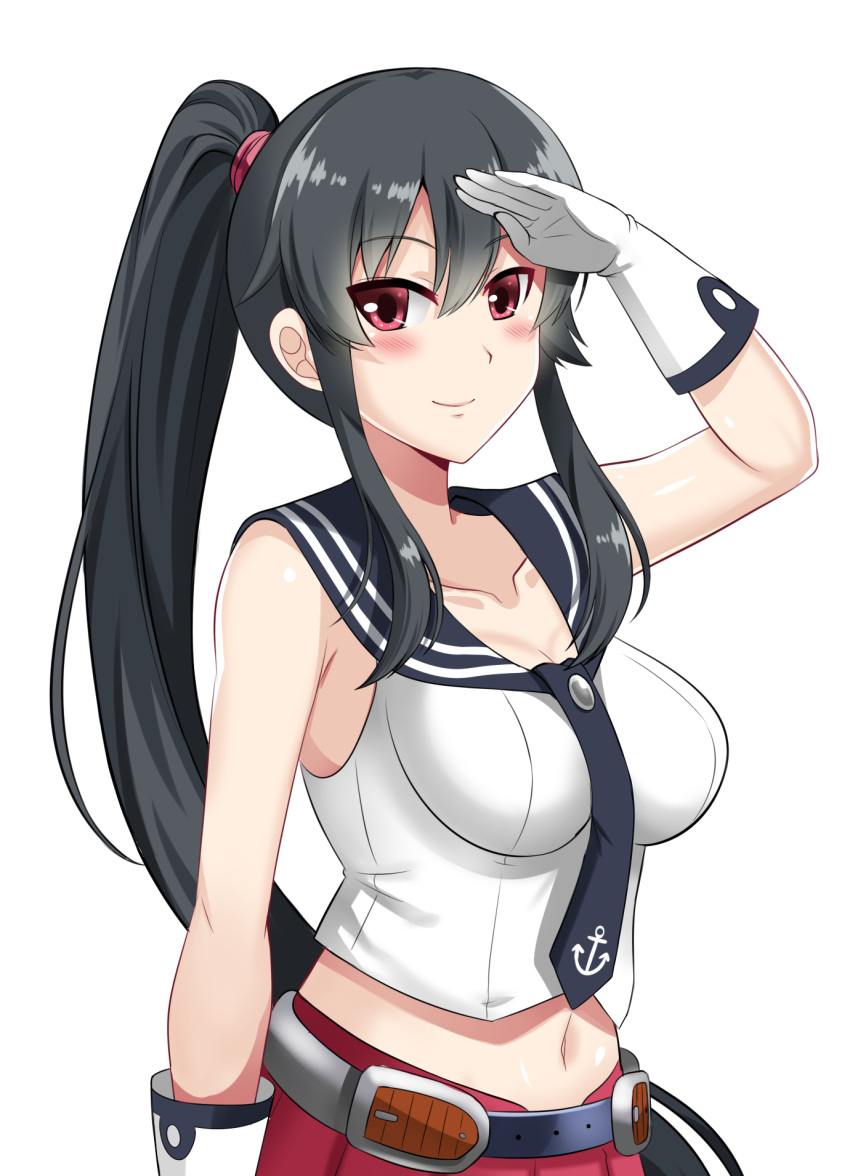 1girl bangs black_hair breasts cleavage collarbone gloves highres kantai_collection long_hair looking_at_viewer navel pleated_skirt ponytail red_eyes salute school_uniform serafuku simple_background skirt smile solo the-sinner white_background white_gloves yahagi_(kantai_collection)