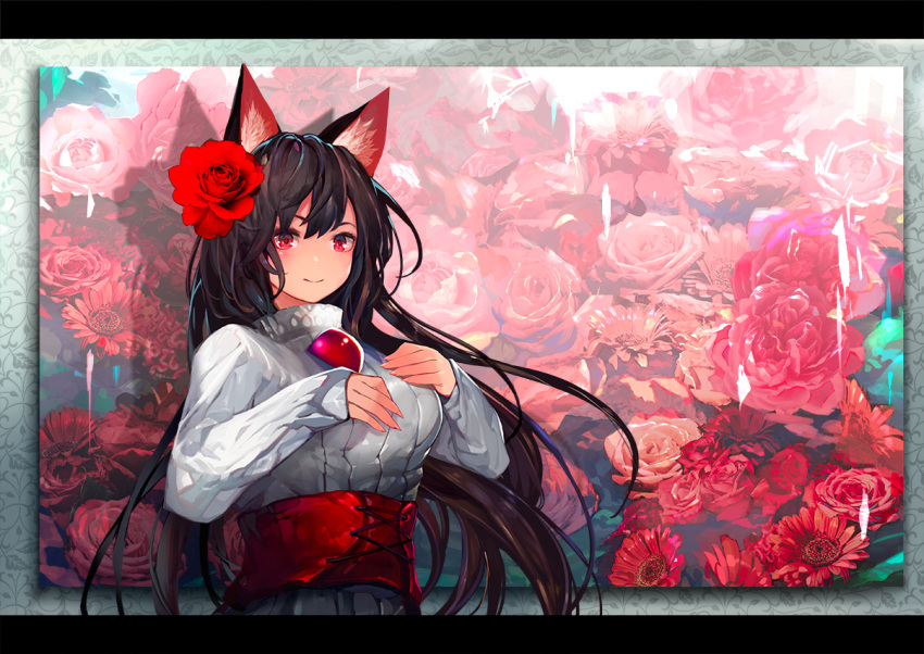 1girl adapted_costume animal_ears bangs black_hair black_skirt brooch closed_mouth flower hair_flower hair_ornament hands_on_own_chest imaizumi_kagerou jewelry letterboxed light_smile long_hair long_sleeves looking_at_viewer onion_(onion_and_pi-natto) photo_(object) red_eyes red_flower sash skirt solo sweater touhou turtleneck turtleneck_sweater upper_body white_sweater wolf_ears