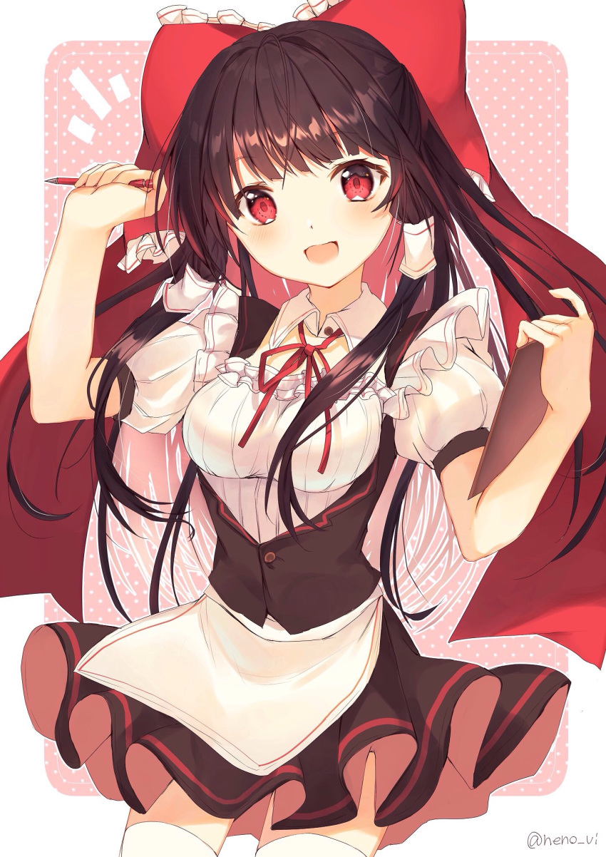 1girl :d alternate_costume apron bangs black_hair blush bow breasts clipboard collar commentary_request detached_collar eyebrows_visible_through_hair frills hair_tubes hakurei_reimu highres holding holding_clipboard holding_object holding_pen long_hair nenobi_(nenorium) open_mouth pen puffy_short_sleeves puffy_sleeves red_bow red_eyes short_sleeves simple_background skirt smile solo thigh-highs touhou twitter_username vest waist_apron waitress white_legwear
