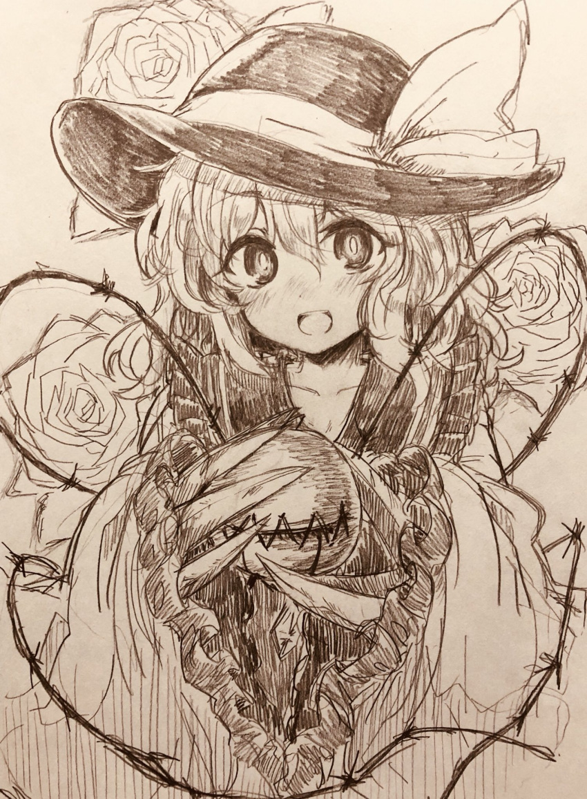 1girl bangs blush bow claws efukei eyebrows_visible_through_hair flower hair_between_eyes hat hat_bow highres holding komeiji_koishi looking_at_viewer monochrome nose_blush open_mouth solo third_eye touhou traditional_media upper_body