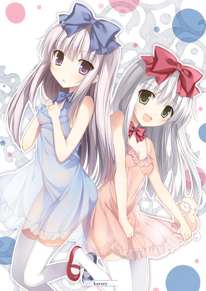 2girls :d airi_(alice_or_alice) alice_or_alice artist_name blue_bow blue_dress blue_footwear blue_neckwear bow bowtie breasts cleavage dress eyebrows_visible_through_hair floating_hair green_eyes hair_between_eyes hair_bow highres karory long_hair mary_janes multiple_girls one_leg_raised open_mouth pink_dress red_bow red_footwear red_neckwear rise_(alice_or_alice) see-through see-through_silhouette shoes short_dress silver_hair sleeveless sleeveless_dress small_breasts smile standing standing_on_one_leg thigh-highs very_long_hair violet_eyes white_legwear