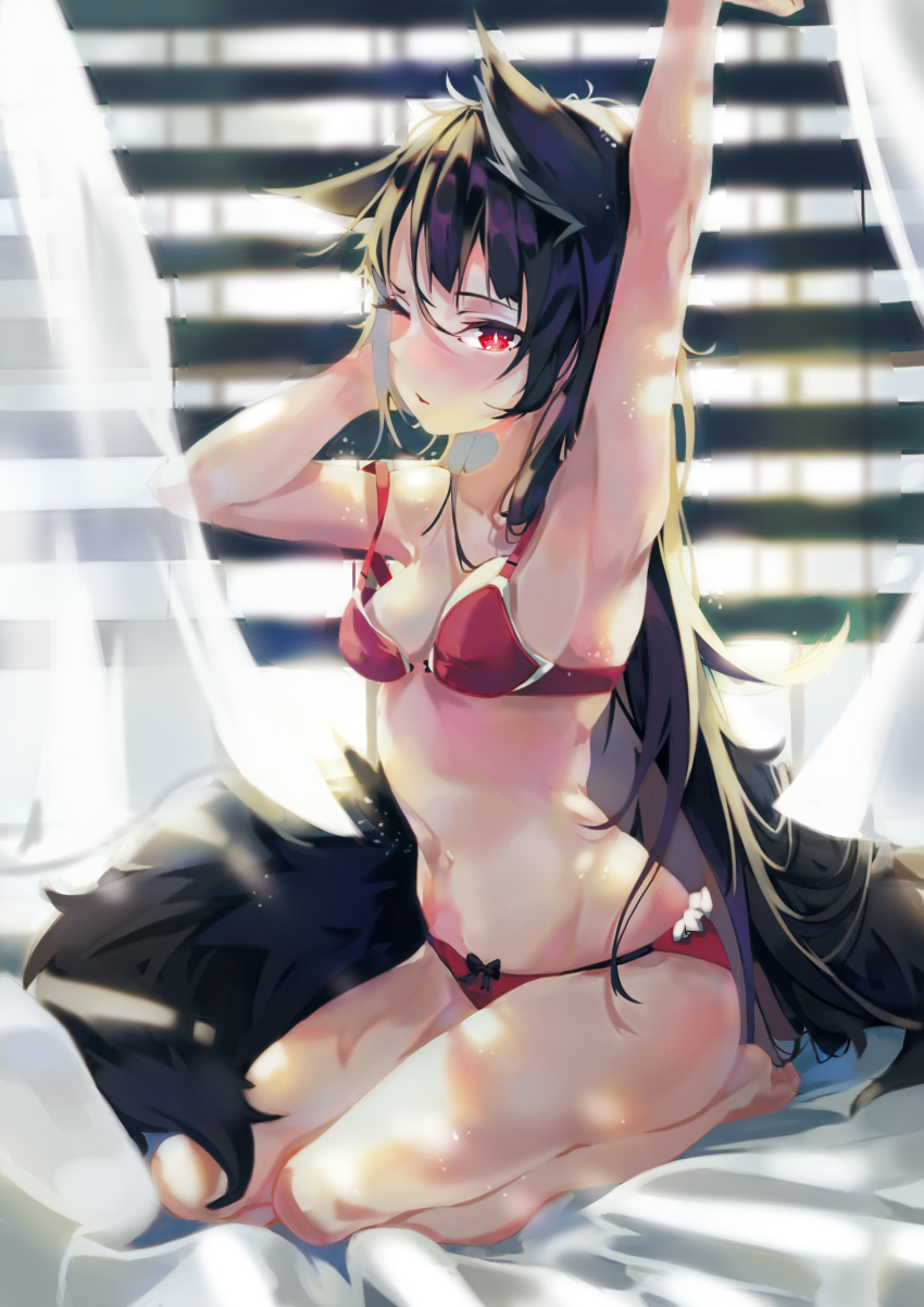 1girl absurdres animal_ears armpits arms_up backlighting bare_legs barefoot bed_sheet black_hair blush bokujuu bra breasts bright_pupils cleavage collarbone day fox_ears fox_tail highres indoors kitsune legs_together long_hair looking_at_viewer medium_breasts navel nose_blush on_bed one_eye_closed original panties parted_lips red_bra red_eyes red_panties seiza sitting smile solo stomach strap_slip stretch sunlight tail tsurime underwear underwear_only very_long_hair waking_up