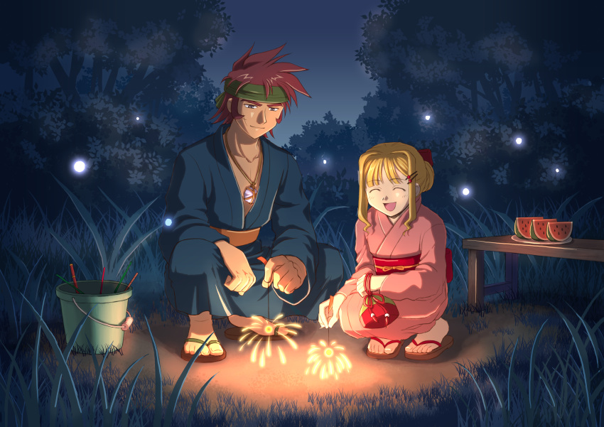 1boy 1girl absurdres agate_crosner bandanna blonde_hair blue_kimono bow brown_eyes brown_hair collarbone dark_skin eiyuu_densetsu fireworks food forest fruit full_body hair_bow highres japanese_clothes kimono nature night obi open_mouth outdoors pink_kimono pouch red_bow sash short_hair_with_long_locks sky smile spiky_hair squatting tita_russell tree watermelon yukata